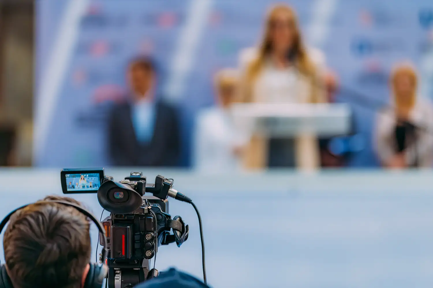 A photo of a live event or conference being streamed on the internet by a team of video production professionals near San Francisco